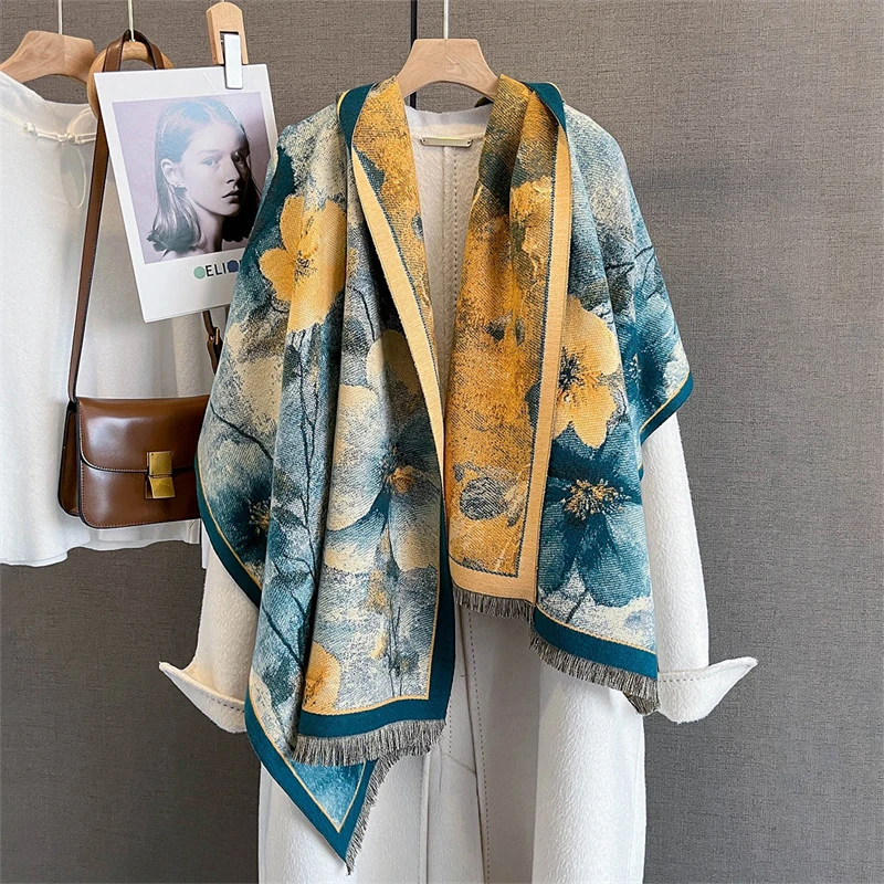 

2025 Design Floral Printed Cashmere Scarf Women Winter Pashmina Shawls And Wraps Thick Warm Bufanda Stoles Blanket Luxury