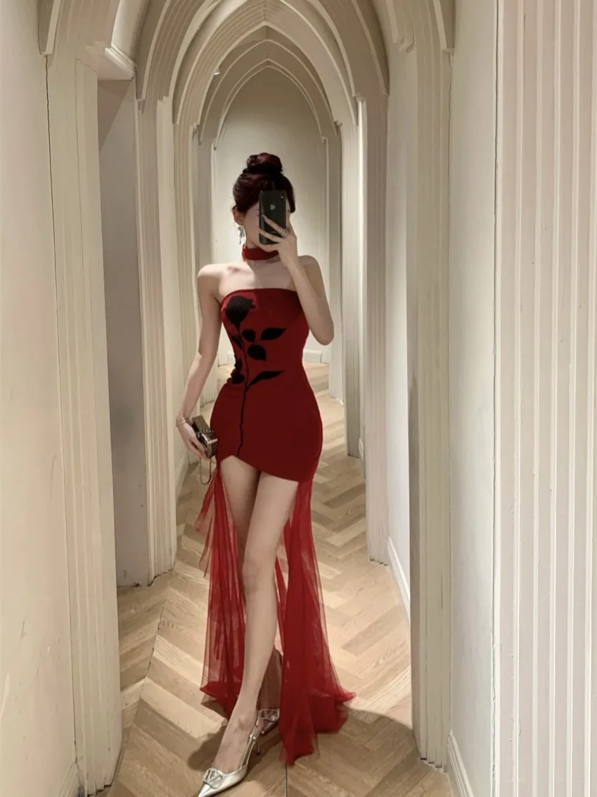 Rok A-Line Panjang Model Bodycon Korea dengan Tali Selempang, Desain Cetak Mawar Musim Panas, Cocok untuk Kerja dan Santai