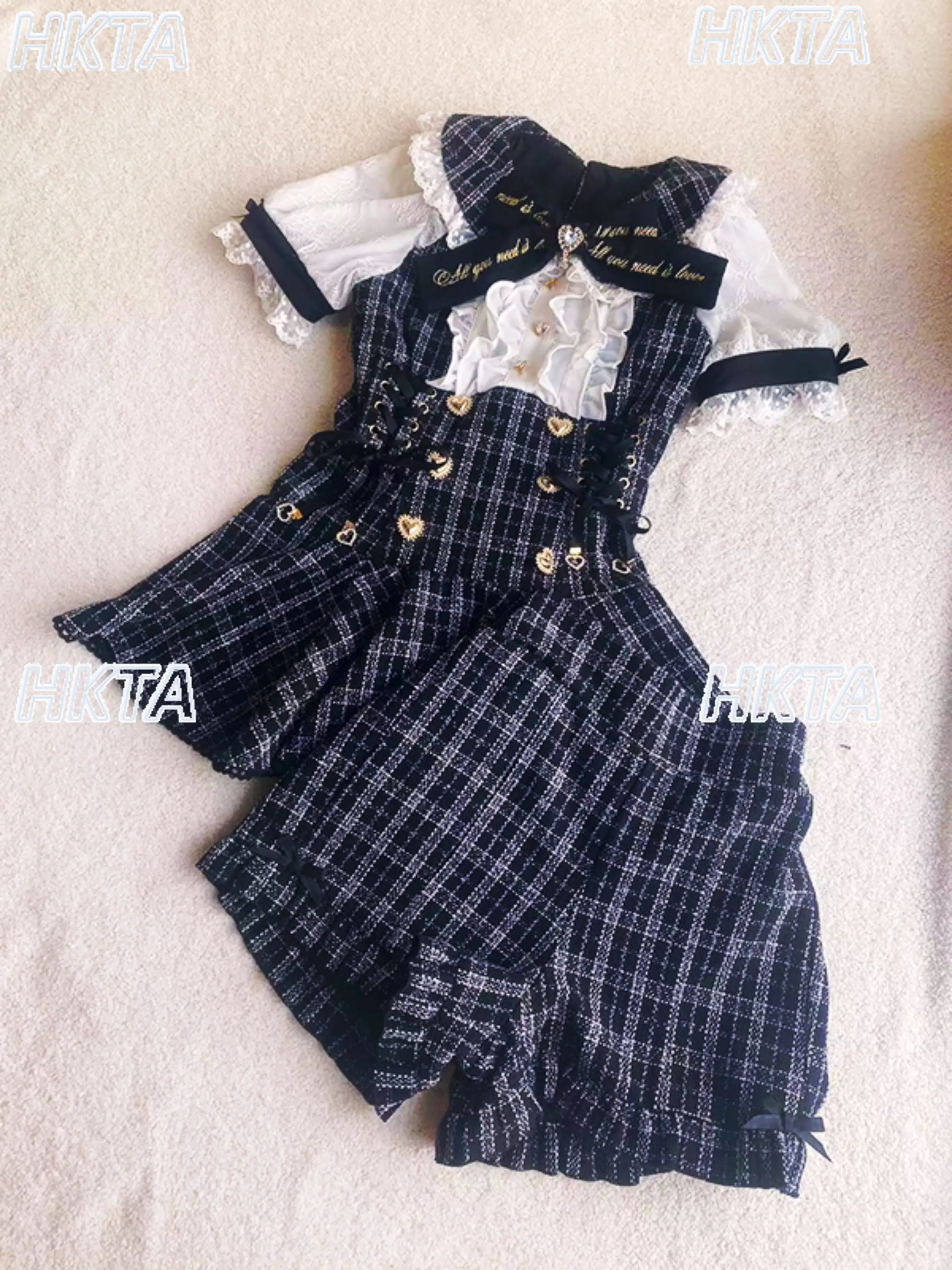 اليابانية الحلو الإنتاج الضخم فقاعة فستان قصير الأكمام المرأة 2025 الخريف جديد عالية الخصر سليم تويد فستان السراويل قطعتين مجموعة #1