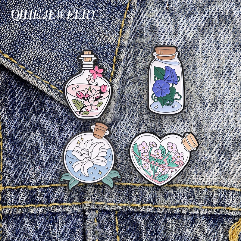Beautiful Lily Morning Flower In Bottle Cartoon Badge Glory Cherry Blossom Magic Flower Bottle Enamel Pin Jewelry Gift  Bag Badg