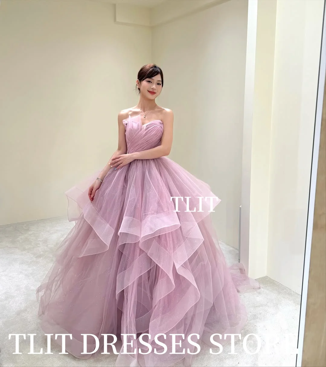 TLIT Mooie Roze Tule Avondjurk Sawy Fore Vend Fourheid Korea Trouwjurken Fotoshoot Plooien Strapless Galajurk Aangepast