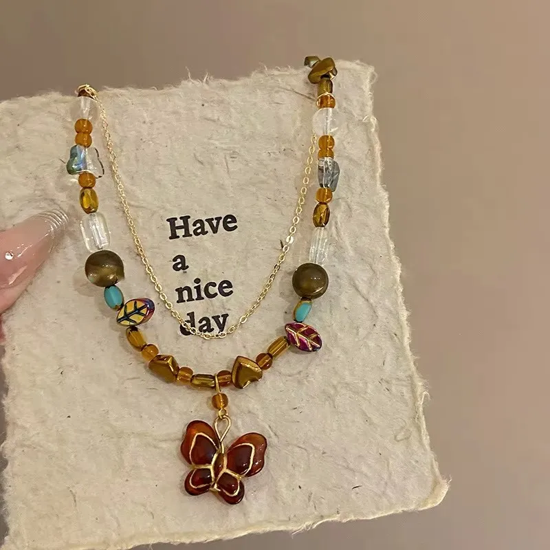Mode Chic Kristall Schmetterling Anhänger Halskette für Frauen Mädchen Vintage Doppel Layered Kurze Schlüsselbein Kette Ästhetischen Y2K Schmuck