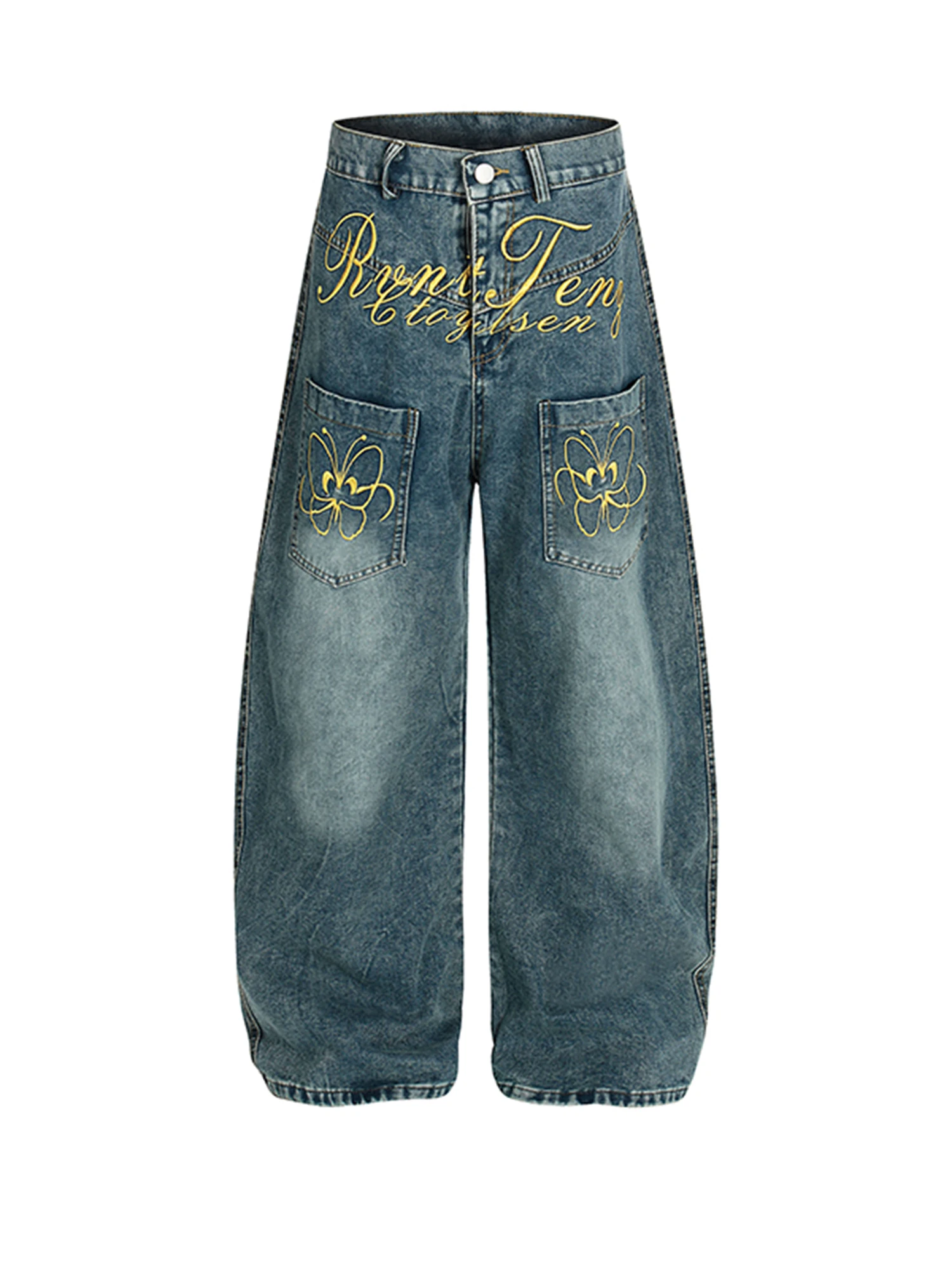 

Retro American Embroidered Loose Men's Jeans Spring Autumn Couples Wide Leg Floor-Length Workwear Trousers Pocket Design
