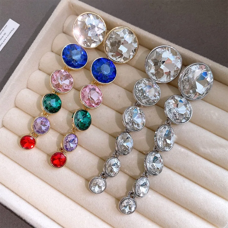 Round Rhinestone Long Dangle Earrings Rainbow Color Crystal Tassel Drop Earrings Frame Women Party Statement Ear Jewelry