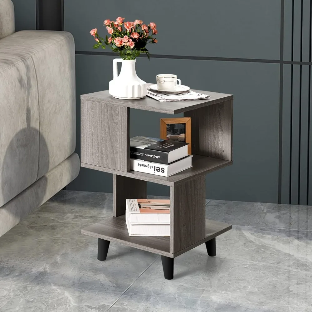 

3-tier bedside table 2-piece set, open storage shelves, 4 solid wood legs, geometric bedside table with small space