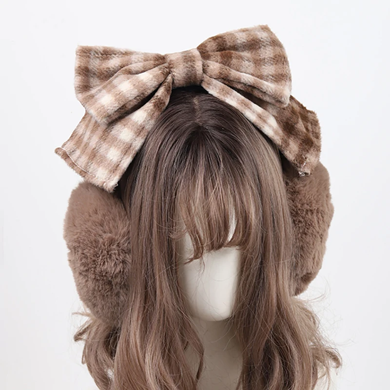 Girls Plush Big Bow Warm Earmuffs Kawaii Women\'s Lolita Winter Muff Ear Cover Lovely Fold Headband Christmas Halloween Accessory