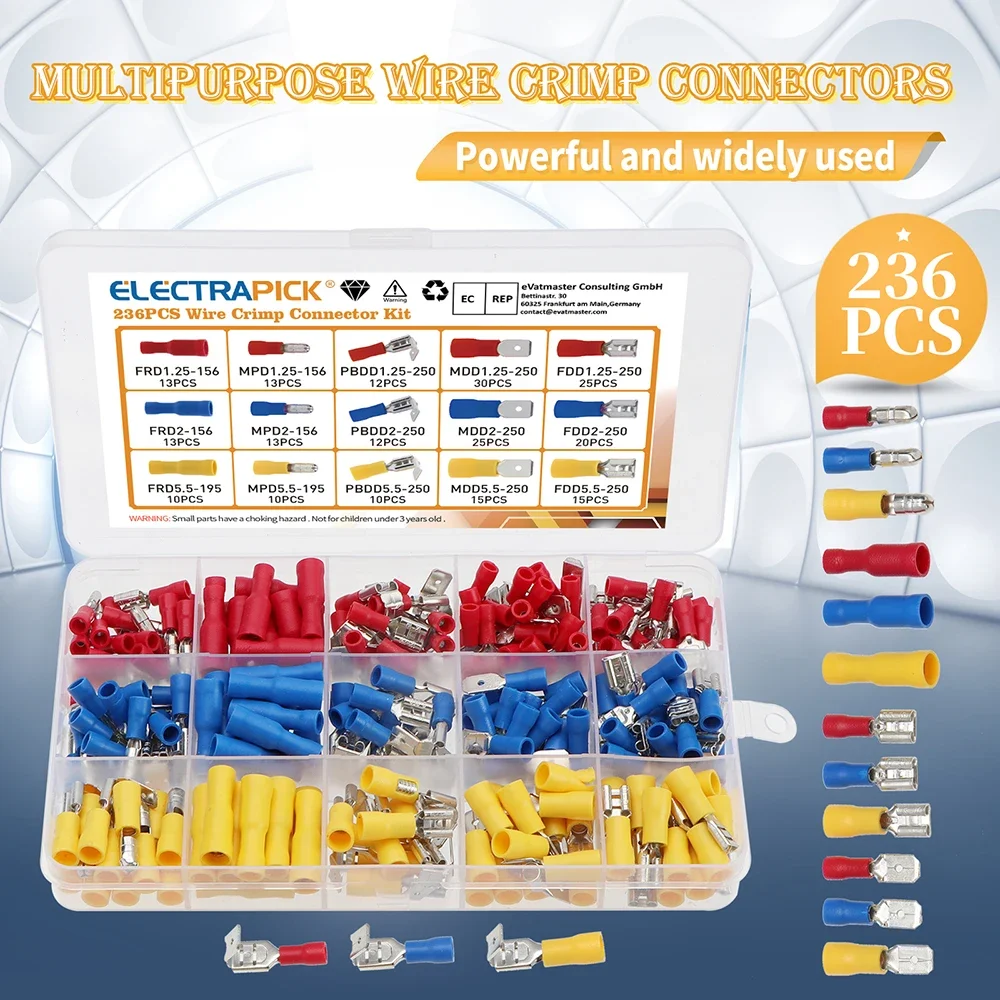 236PCS Insulated Wire Electrical Connectors Butt Ring Spade Fast Disconnect Crimp Terminals Connectors Assortment Kit