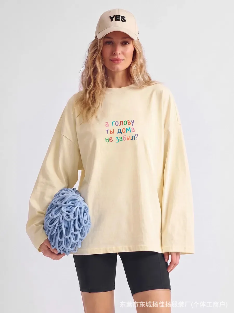 Russian Fun Colorful Cyrillic Graphic Oversized Cotton Long Sleeve Tee Women Y2K Street Aesthetic Crew Neck Casual Fall T‑Shirt