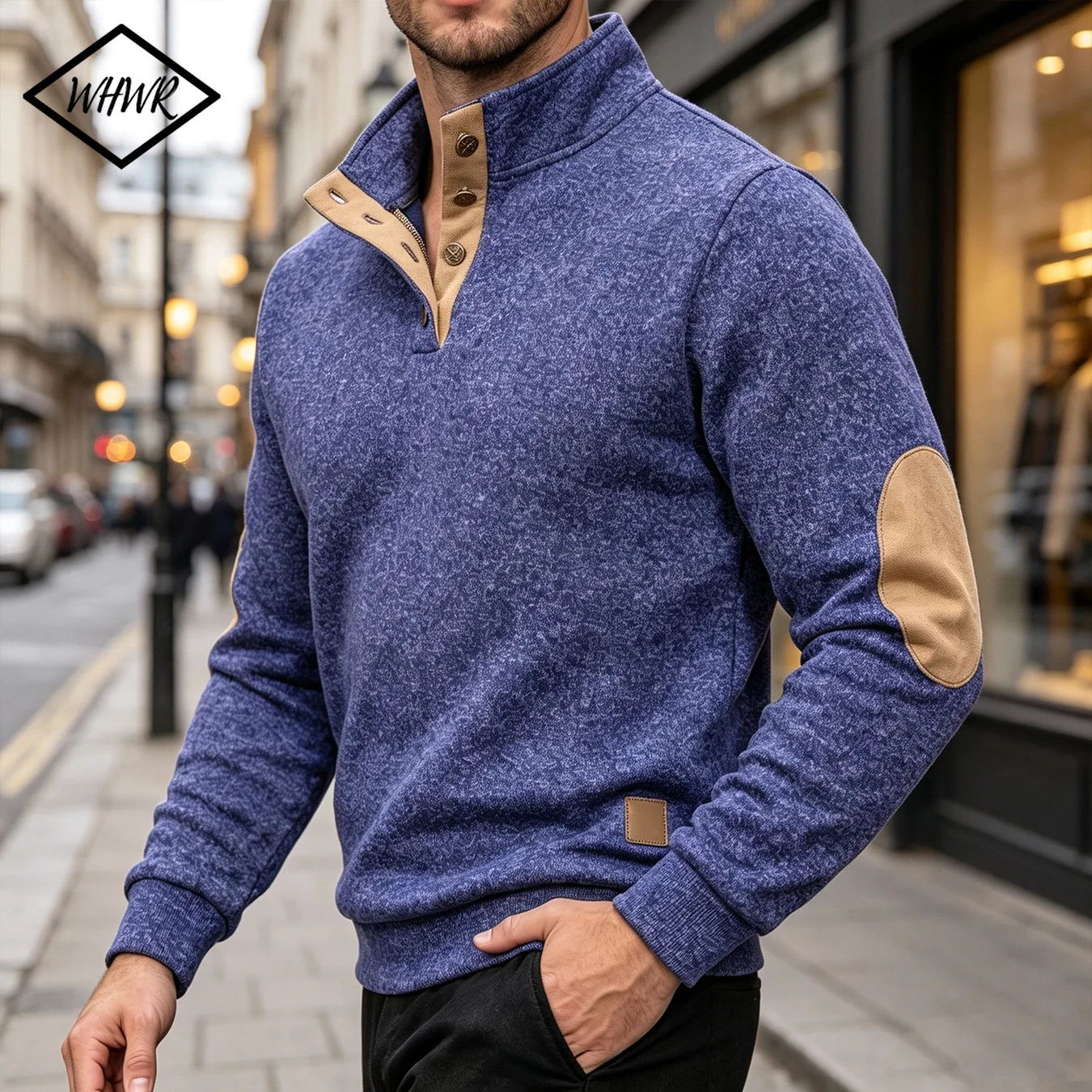 Men's Stand Collar Button Pullover Sweatshirt Fleece Lined Mock Neck Henley Top with Elbow Patches Fleece Lined Warm Winter Casual Daily Wear