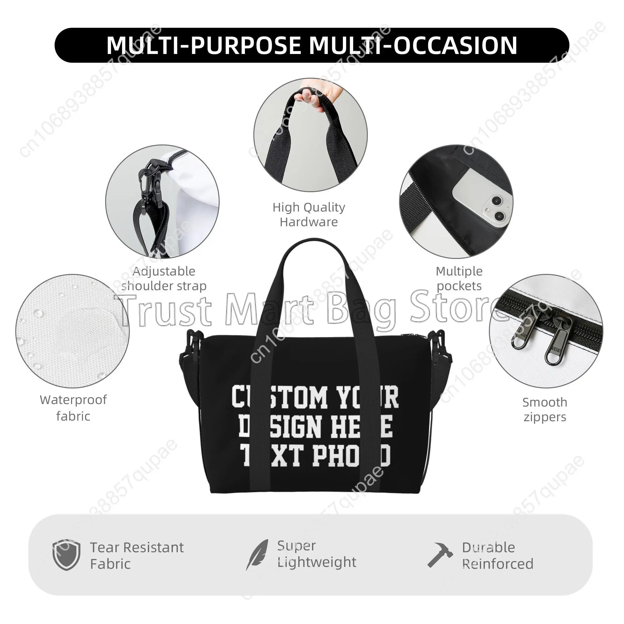 Custom Your Design Text Photo Print Duffle Bags Personalized Durable Weekender Overnight Bag for Women Men Travel Luggage Bag