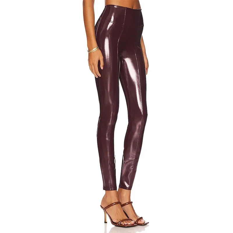 

High Waist Faux Latex Leggings for Women Shiny Patent Leather Slim Fit Cropped Pants Splicing Design Wettlook Clubwear Custom