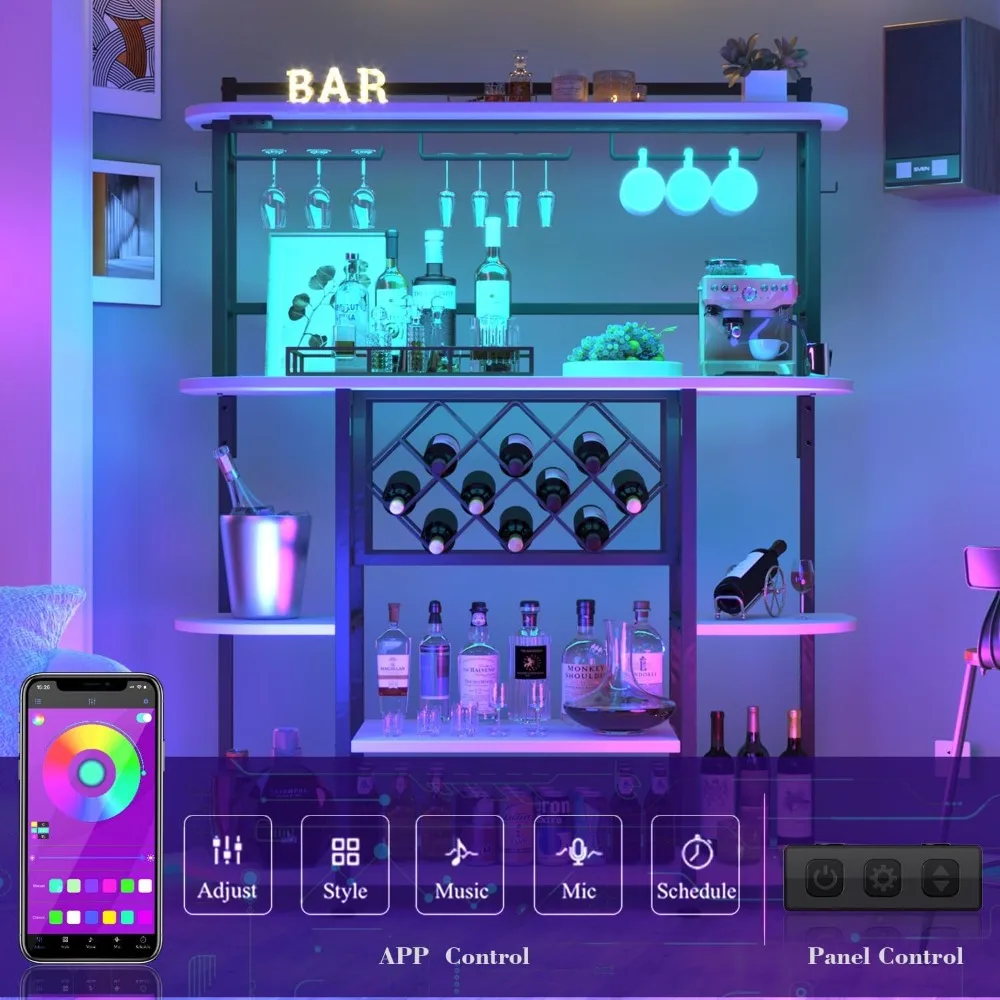 LEDライト付きワインラック、ガラスホルダー付きバーテーブルキャビネット、自立型コーヒーバー収納棚、5段式リカーキャビネット