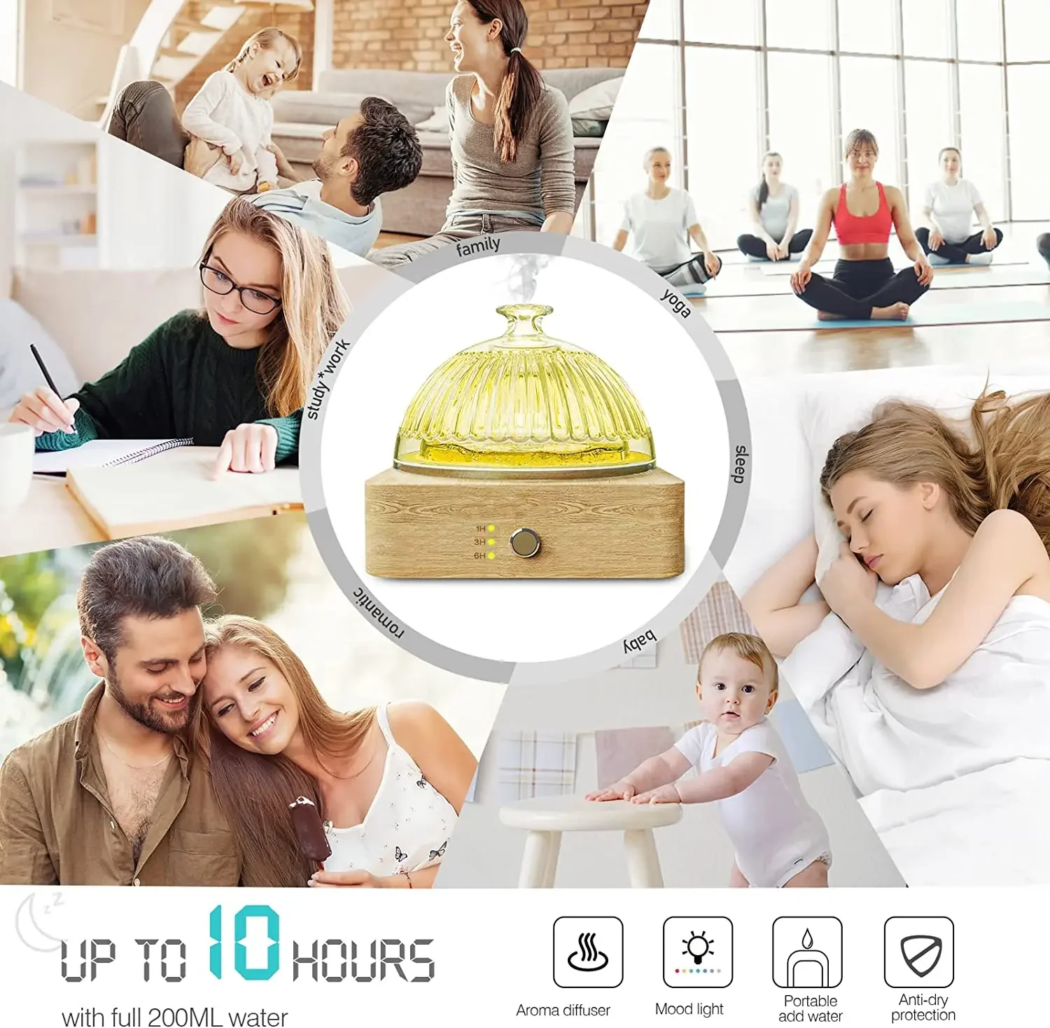 Diffusore di oli essenziali in vetro Base in legno Diffusori di aromi ad ultrasuoni in vetro da 200 ml con timer Spegnimento automatico senza acqua per l'home office