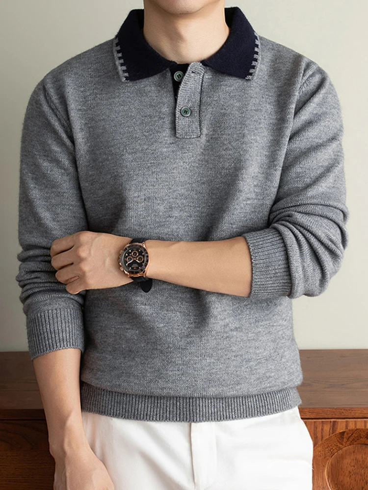 Mens Contrast Color Lapel Knitted Polo Pullover Long Sleeve Thick Knitting Sweater Daily Casual Autumn Winter Warm Outer Tops