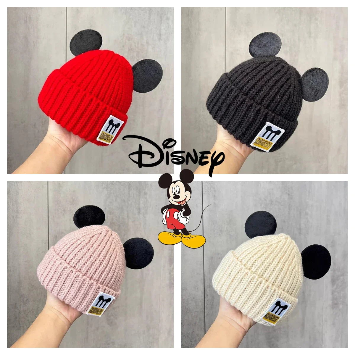 Disney Mickey Mouse Baby Hat Autumn and Winter Knitted Wool Hat Infant Cute Warm Ear Protection Hat Boys Girls Ear Pullover New