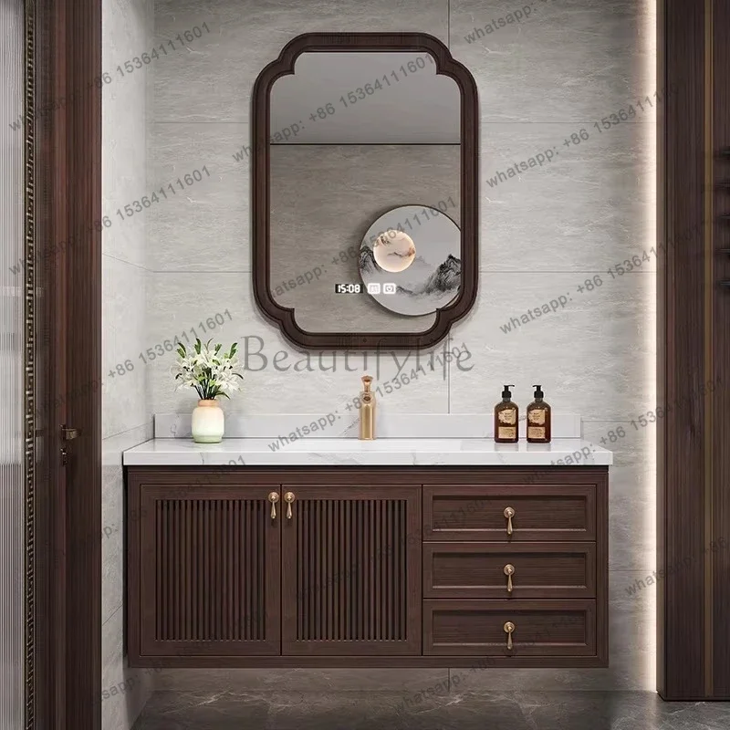 New Chinese smart bathroom cabinet combination oak bathroom rock slab washstand solid wood bathroom cabinet