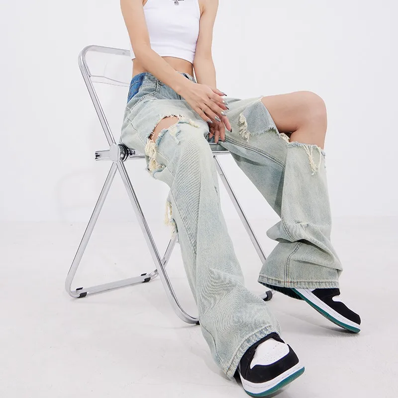 WCFCX STUDIO Streetwear Jeans For Woman Blue Y2k Vintage Clothes Women's Ripped Jeans Baggy Korean Fashion Mom Trousers