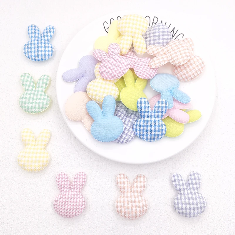 60Pcs/Lot 3.5*4.5CM Lattice Fabric Rabbit Padded Appliques For DIY Handmade Children Headwear Garment Accessories Patches