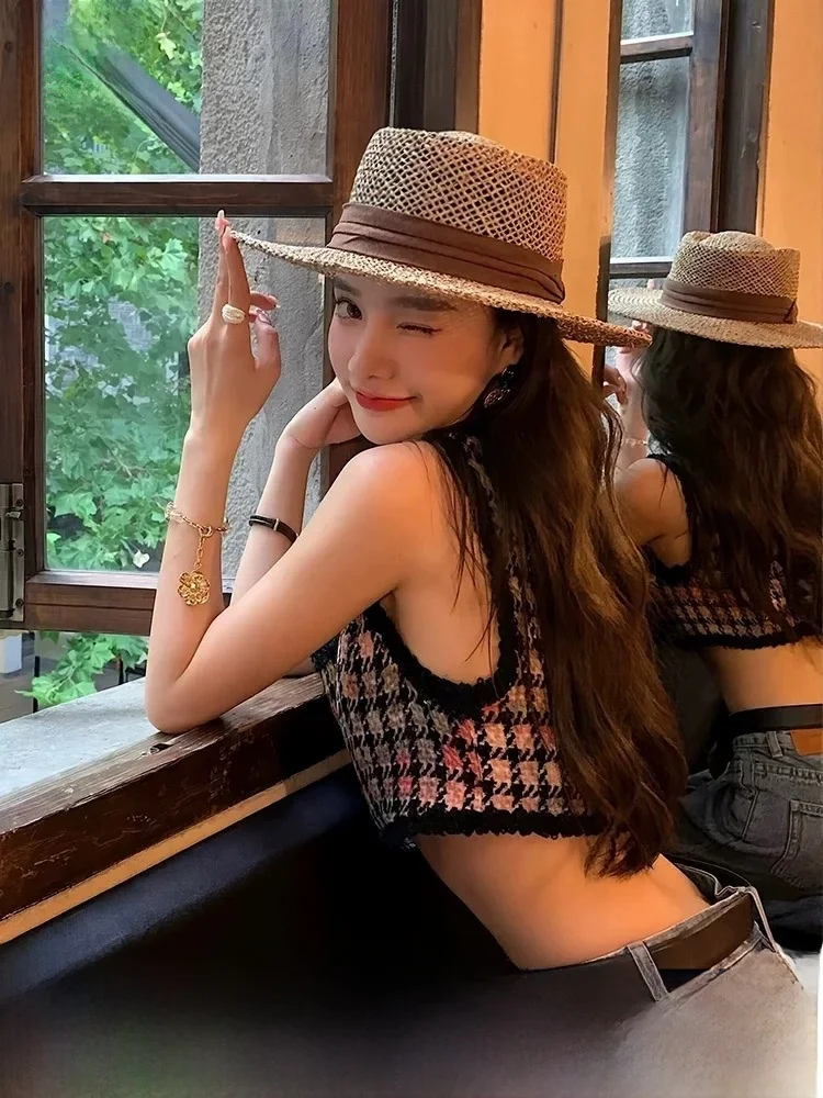 rouiiefao-retro-straw-hat-sun-protection-beach-holiday-flat-top-women's-hat-handmade-breathable-adjustable-brim-cap
