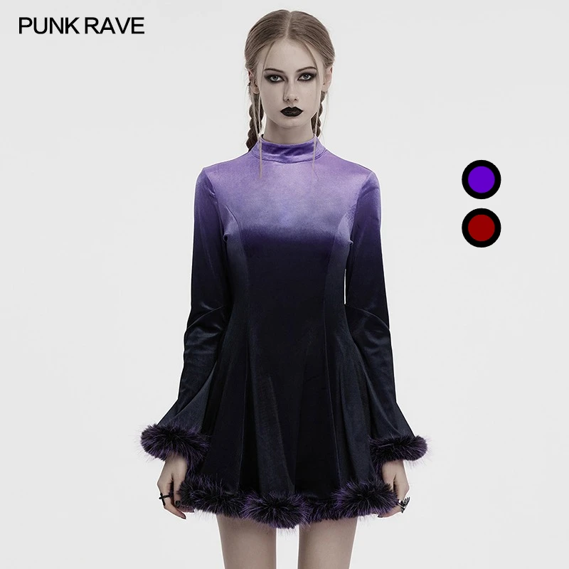 PUNK RAVE Women's 3D Visual Layers Chest Bat Embroidery Gradient Dress Mystery Freedom Party Club Long Sleeve Dresses