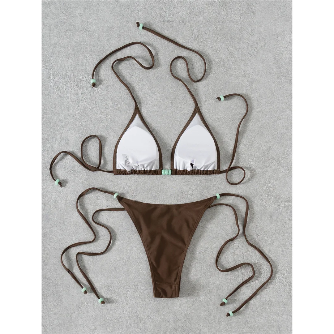 XS - L Neckholder-Bikini mit hohem Beinausschnitt und Riemchen, Damen-Badeanzug, zweiteiliges Bikini-Set, Badebekleidung, Badeanzug, Schwimmbekleidung V7004 – Detail 8