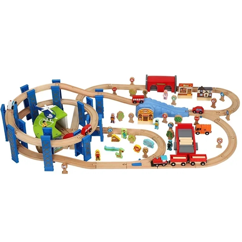 Juego de vía de tren de madera para niños, rompecabezas ferroviario de madera con ranura, tránsito de carril de madera, tren de madera, trenes de juguete eléctricos para niños