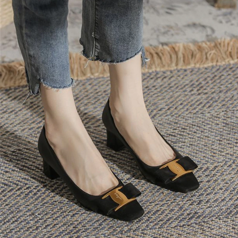 With Medium Heels Square Toe Normal Leather Casual Ladies Summer Footwear Bow Shoes for Women 2024 Fashion Shoe Genuine Mark E