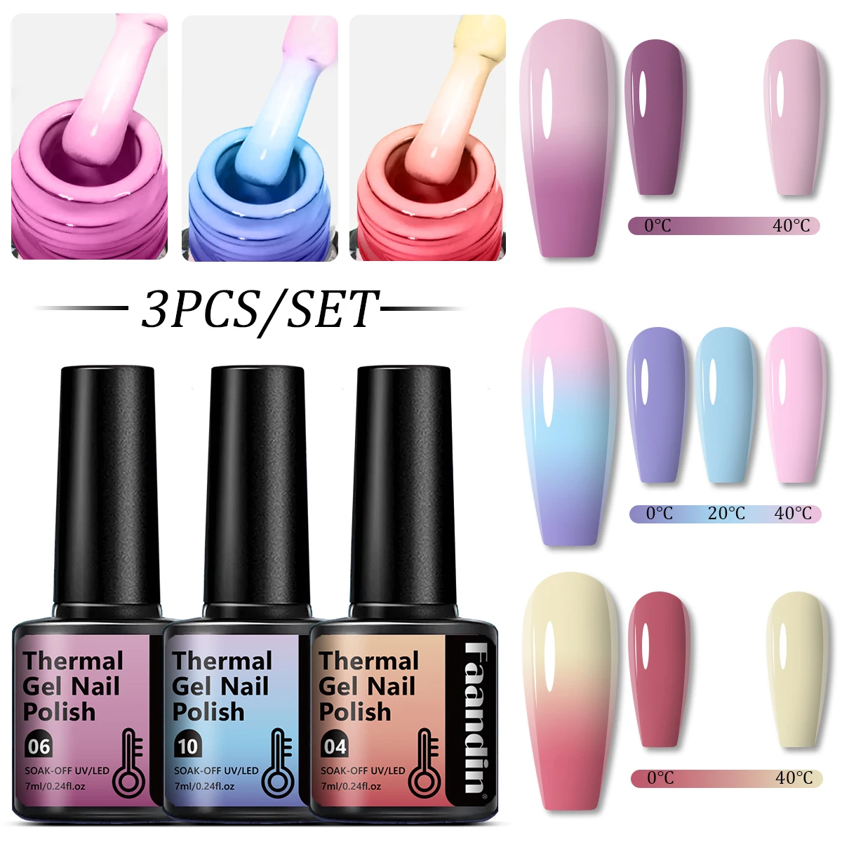 Faandin 3 pezzi/set 7ml*3 pezzi, l'effetto di rivestimento spesso è migliore per i cambiamenti di temperatura, set di smalti per unghie in gel che cambiano colore, regalo perfetto per il regalo, non sbiadisce, facile da applicare e rimuovere