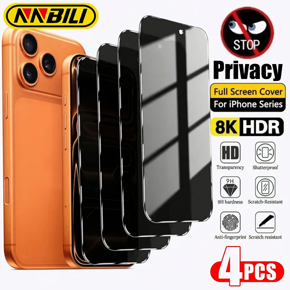 NNBILI 4PCS Privacy Screen Protector For iPhone17Pro Max 17Air Anti-Spy Glass For iPhone 16 15 14 13 12 11Pro Max Tempered Glass