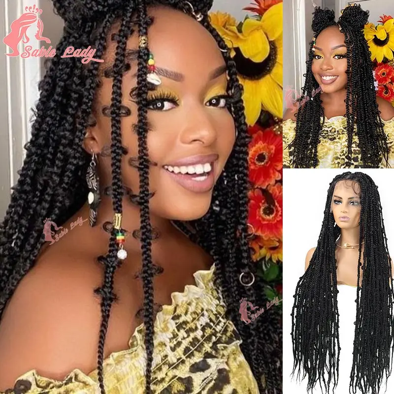 

36 Inches Full Lace Braided Wigs Synthetic Butterfly Braids Lace Front Wig For Black Women Braid Wigs Knotless Box Braids Wig