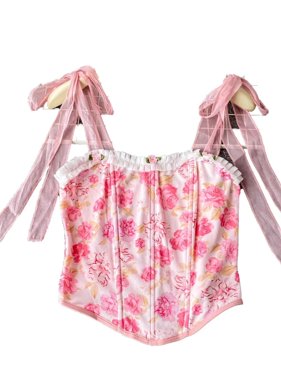 Foamlina doux Floral coupe ajustée arête de poisson haut court femmes rétro romantique rose imprimé Bandeau licou à volants gilet Camis réservoirs