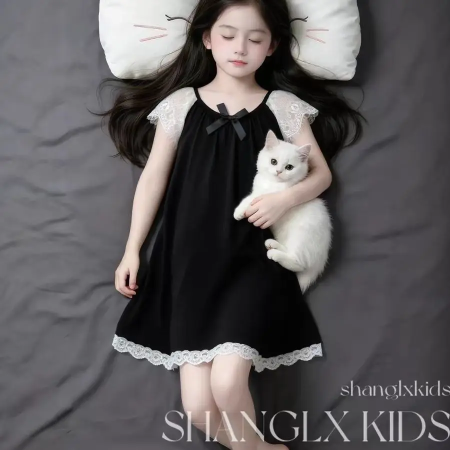Girls Summer Modal Nightgown Lace Sleeveless Princess Night Dress Kids Bow Decor Home Dress Soft Children Sleepwear Pajamas