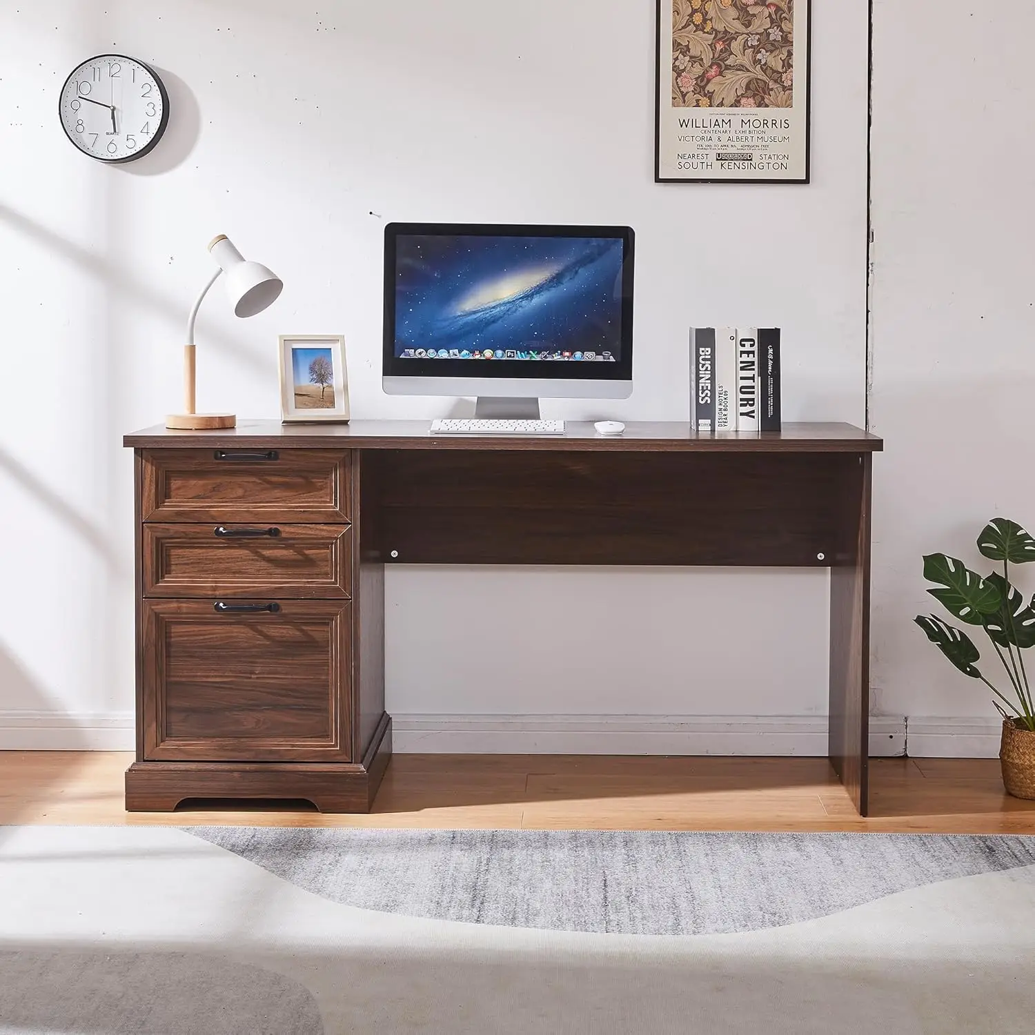 #Farmhouse Executive Desk Charging Station 2 Drawers File Cabinet Fluted Office Home Walnut, Customized