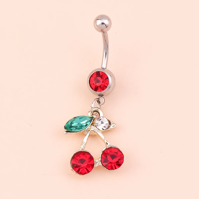 Fashion Crystal Cherry Belly Button Rings Sexy Navel Rings Belly Piercing Body Jewelry Women Girl Party Holiday Jewelry Gifts