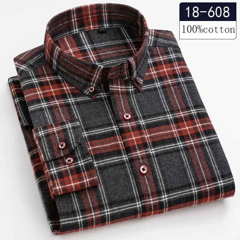 Chemise à manches longues pour hommes, 100% coton, ponçage, coupe couvertes, chemise décontractée, vêtements à carreaux de créateur doux, haute