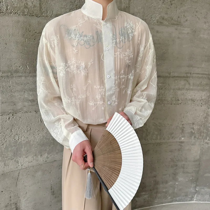

Retro Chinese Style Long Sleeve Mesh Shirt Casual Ultra Thin Stand Collar Loose Fit Breathable Polyester Spring Summer Mens S...