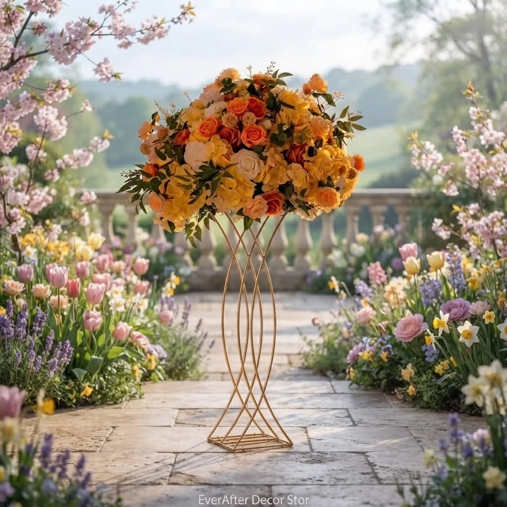 Gold Metal Flower Stand Twisted Hourglass Wedding Centerpiece Riser Modern Geometric Table Column Banquet Event Decor