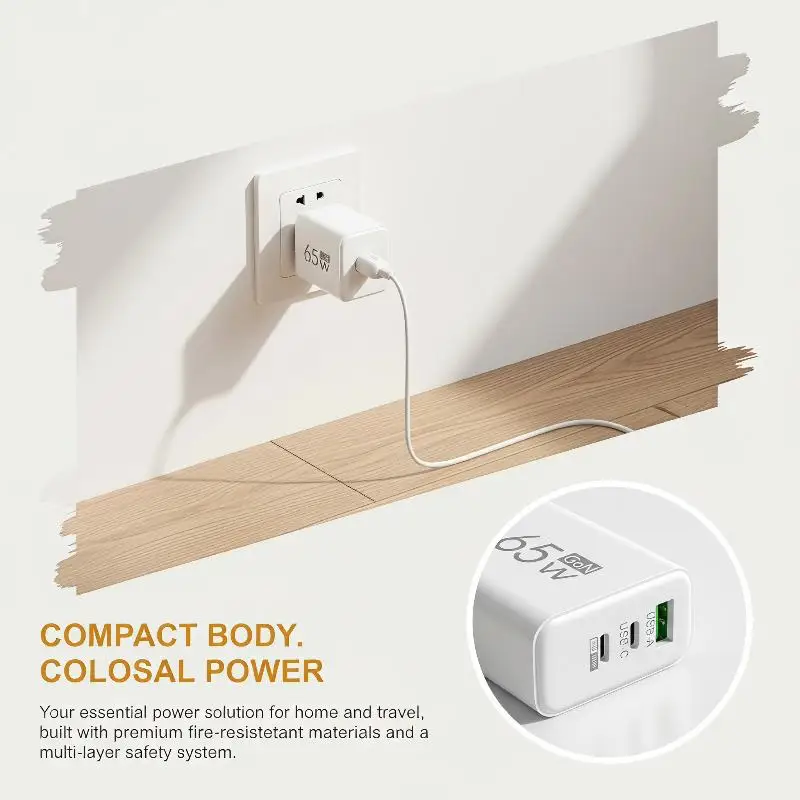 65W GaN Fast Charger EU Plug 3-Port Dual USB C + USB A Wall Charger Compact Fast Charging for Phone Tablet Laptop Daily Use