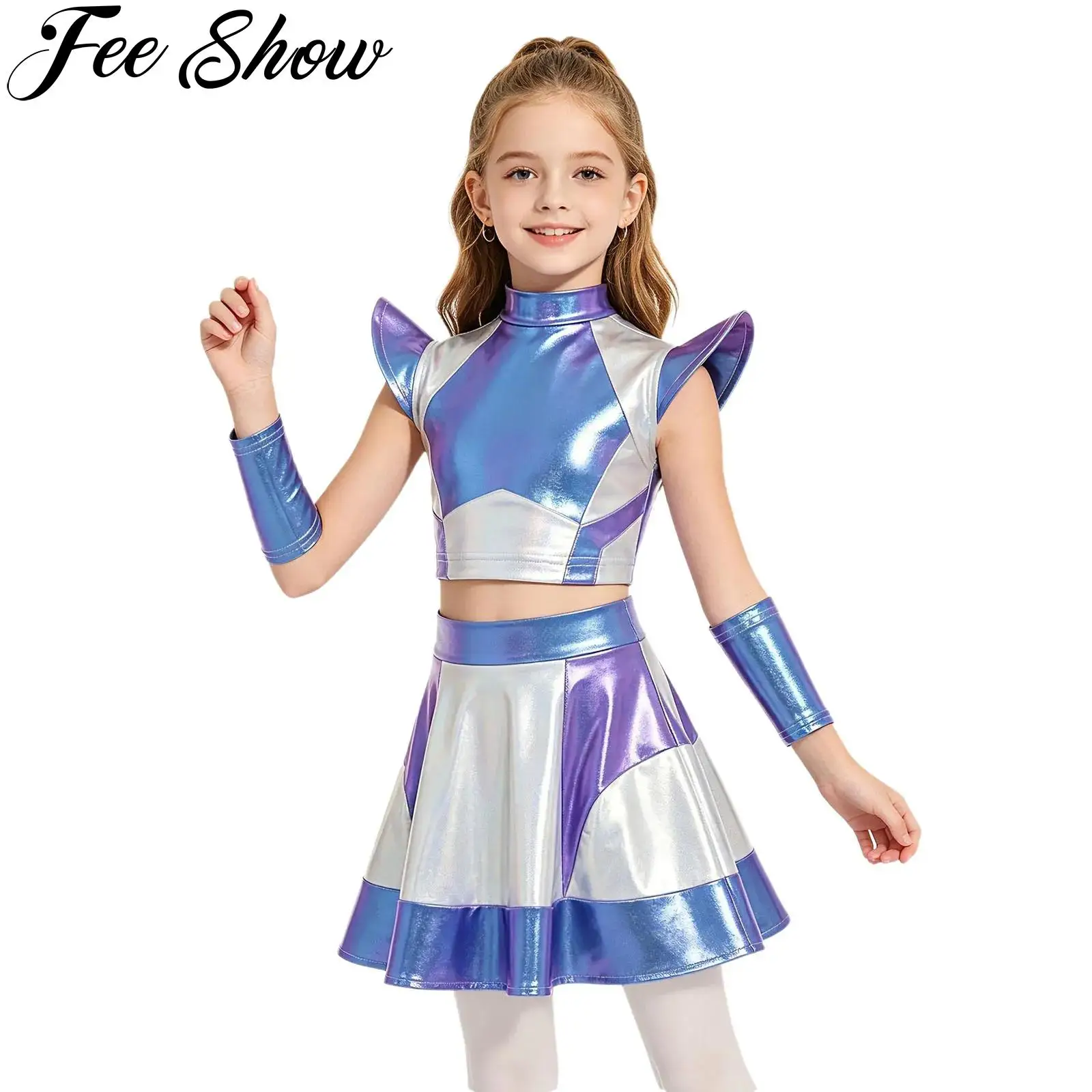 Kids Girls Metallic Shiny Alien Costume Halloween Robot Outer Space Party Cutie Outfit Cap Sleeve Crop Top with Skirt Sleeves