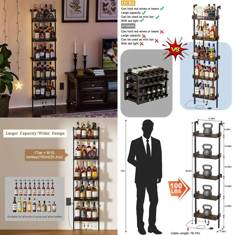 

5-уровневая деревянная и металлическая винная полка со светодиодной подсветкой, вмещает 50 бутылок, настенная для кухни, бара или столовой