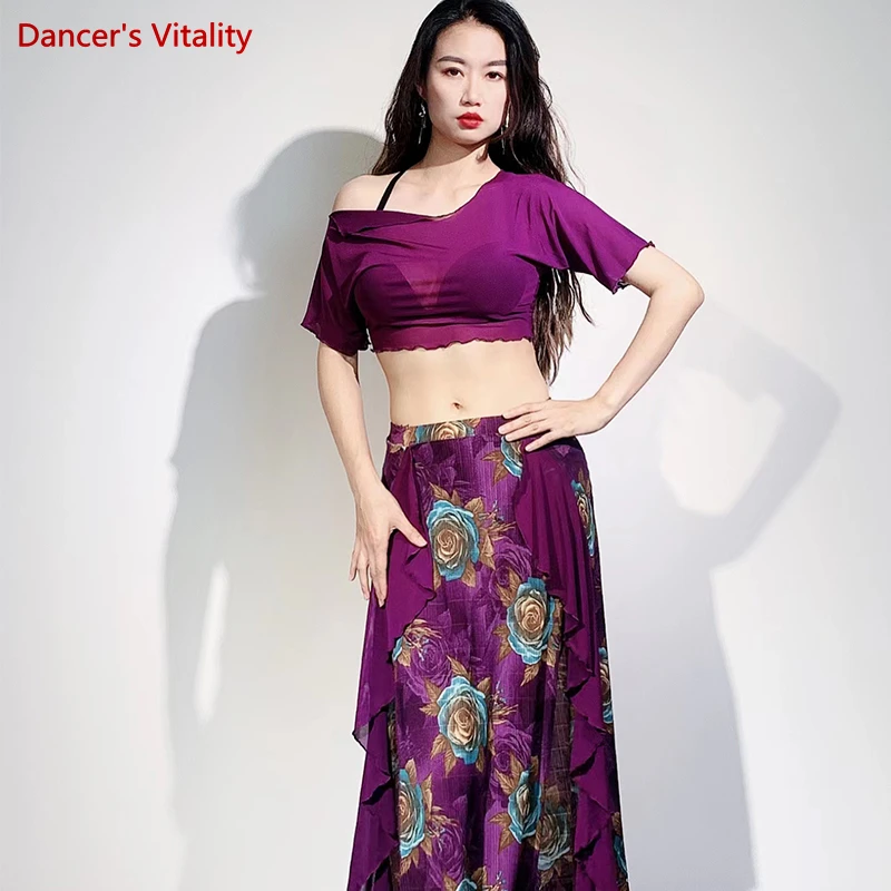 Belly Dance Practice เสื้อผ้าสำหรับสุภาพสตรีชุดเต้นรำตาข่ายแขนสั้น + พิมพ์กระโปรงยาวหญิงเต้นรำโอเรียนเต็ลชุด