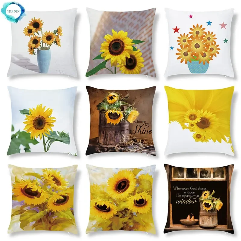 

45x45cm European Oil Painting Sunflower Photo Peach Skin Pillowcase Custom Car Sofa Cushion Pillowcase Cushion Cover