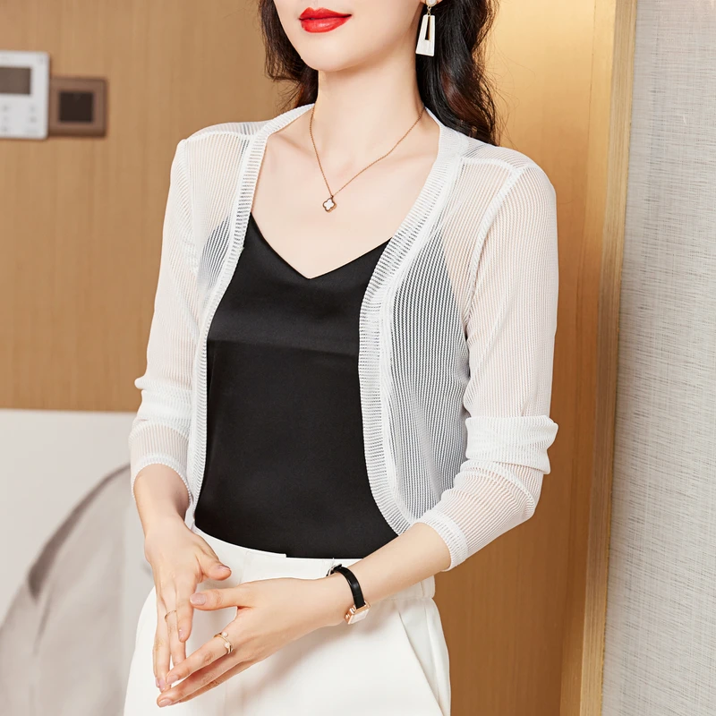 Women Thin Mesh Cardigans Lady Summer Transparent Shawl Female Long Sleeve Short Coat Outwear