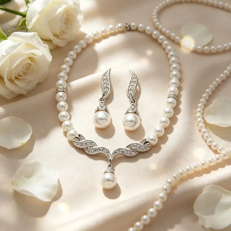 2Pcs Creative Silver Tone Color Necklace + 1 Pair Earrings Wedding Bridal Pearl Jewelry Set For Women Lady Female