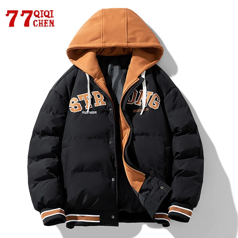 

Winter Padded Jacket Parkas Men Spliced Letter Embroidered Hooded Thick Jackets Korean Style Casual Oversized Warm Coat Unisex