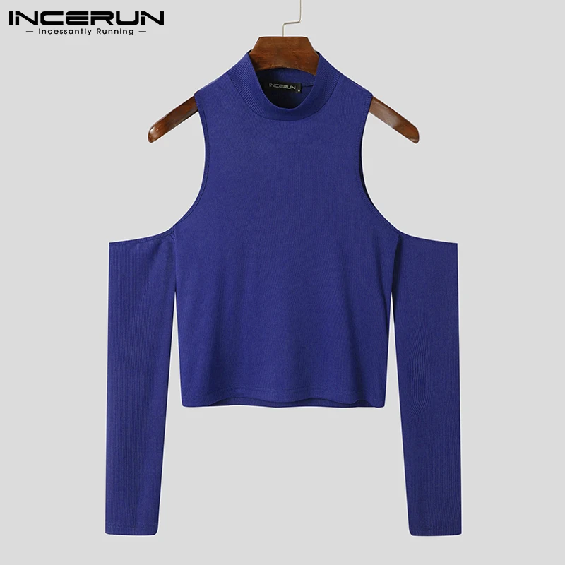 Party Nightclub Style New Men Sexy Leisure Camiseta Solid All-match Fashionable Strapless Hollow Out Long-sleeved T-shirts S-5XL