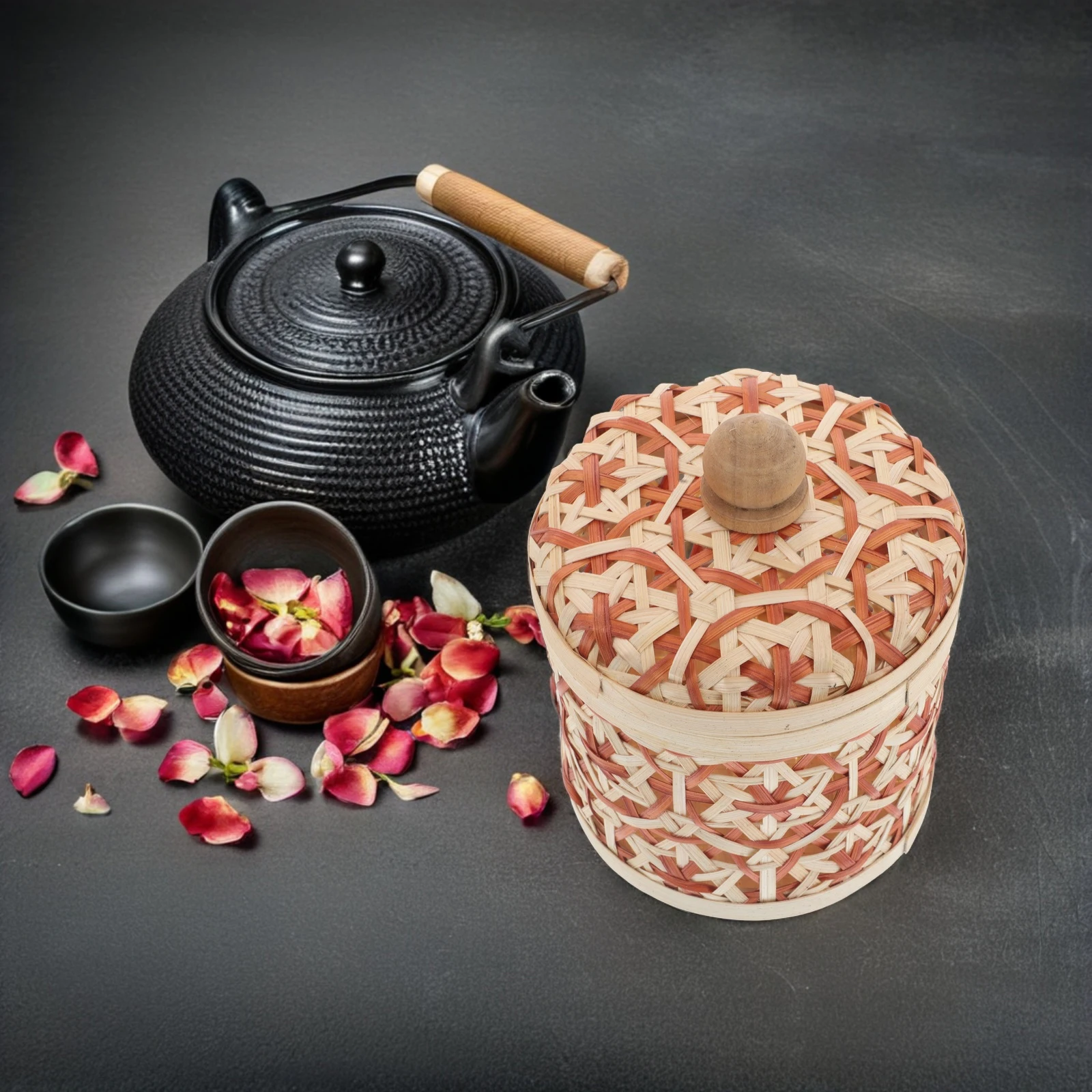 

Handmade Bamboo Storage Basket Small Coffee Bean Canister Sealed Jar Black Tea Weaving Boxes for Organizing Red with Lid