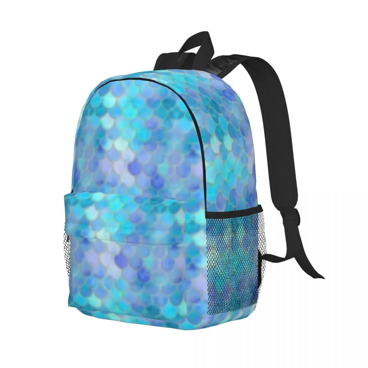 Aqua Pearlescent & Gold Mermaid Scale Pattern New Fashionable Pattern School Bag Print Lightweight Backpack 15inch