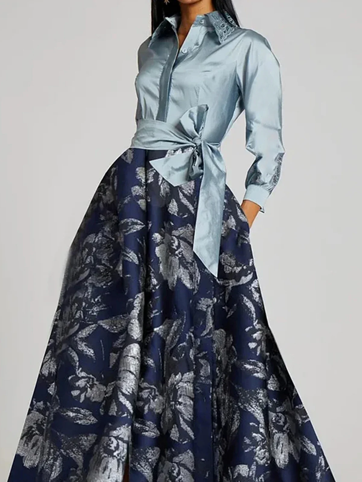 Elegante floral impressão maxi vestidos retalhos turndown colarinho manga longa bowknot bolso vestido longo festa de casamento vestido de noite