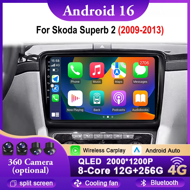 

Car Radio Android 16 For Skoda Superb 2 2009-2013 GPS Navigation Multimedia Player Video Carplay Bluetooth Split screen WIFI 4G